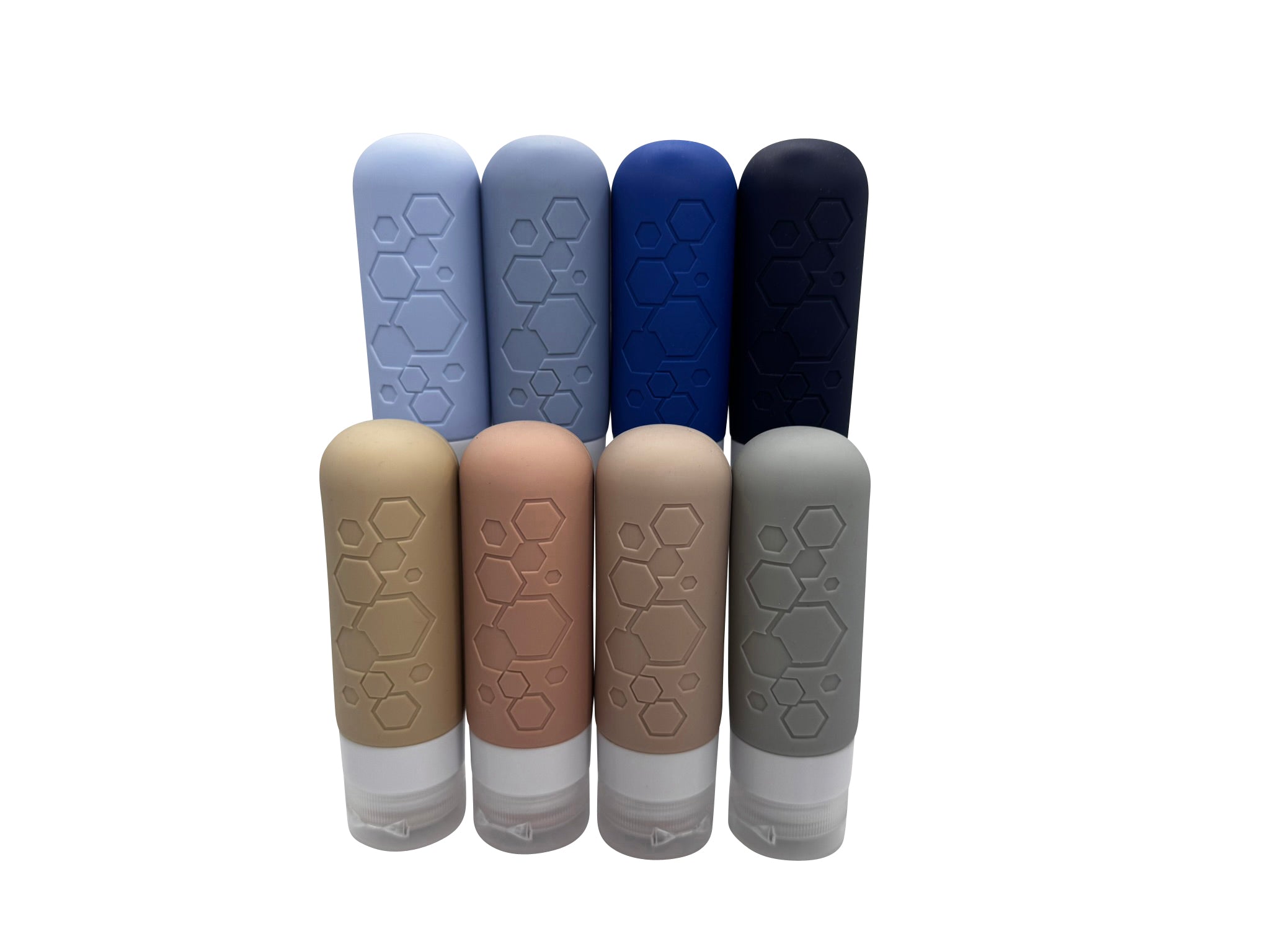 Set of eight silicone sleeve products in various colors on a white background
