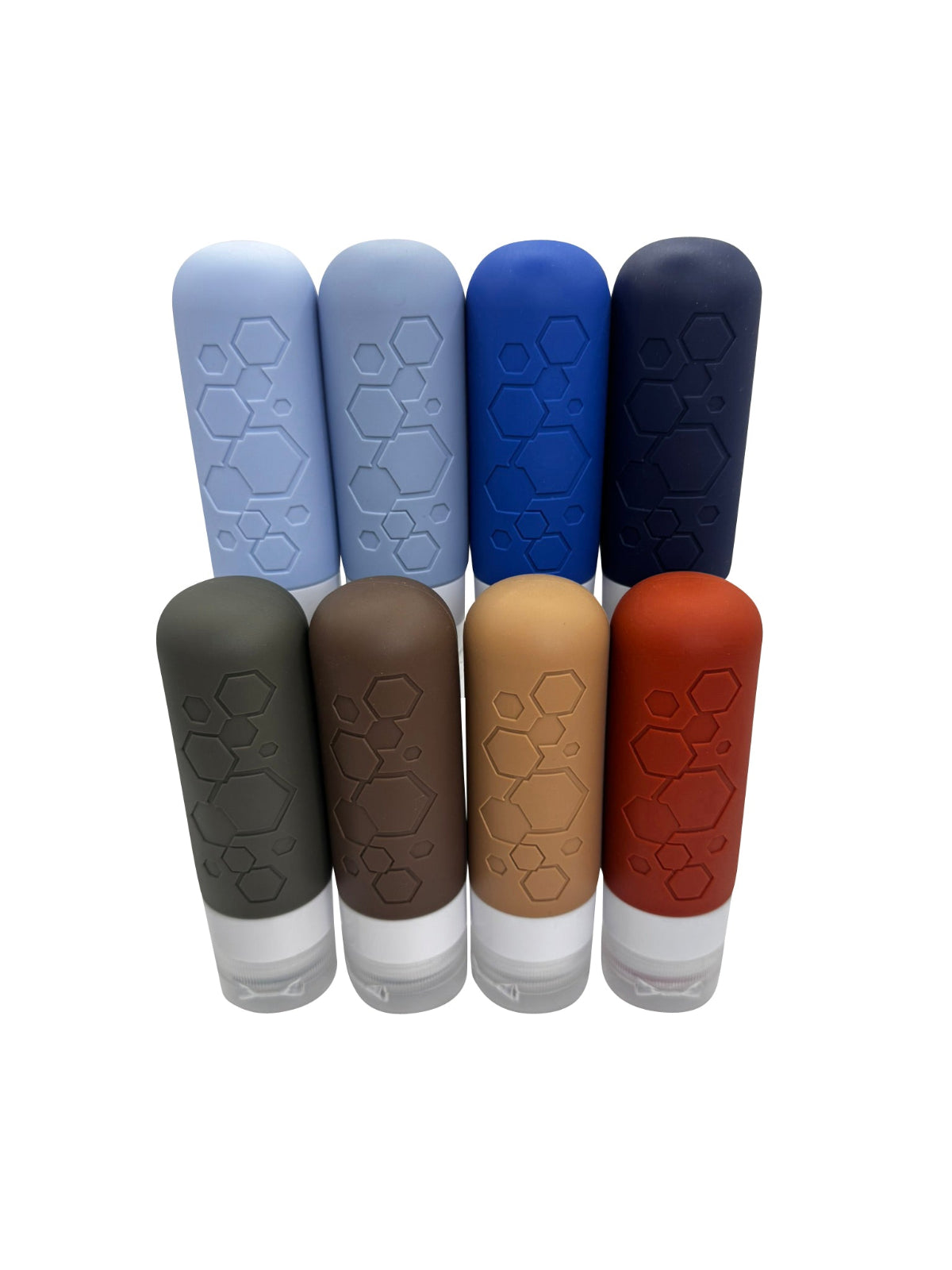 Set of eight silicone travel bottles in various colors with a geometric pattern on a white background