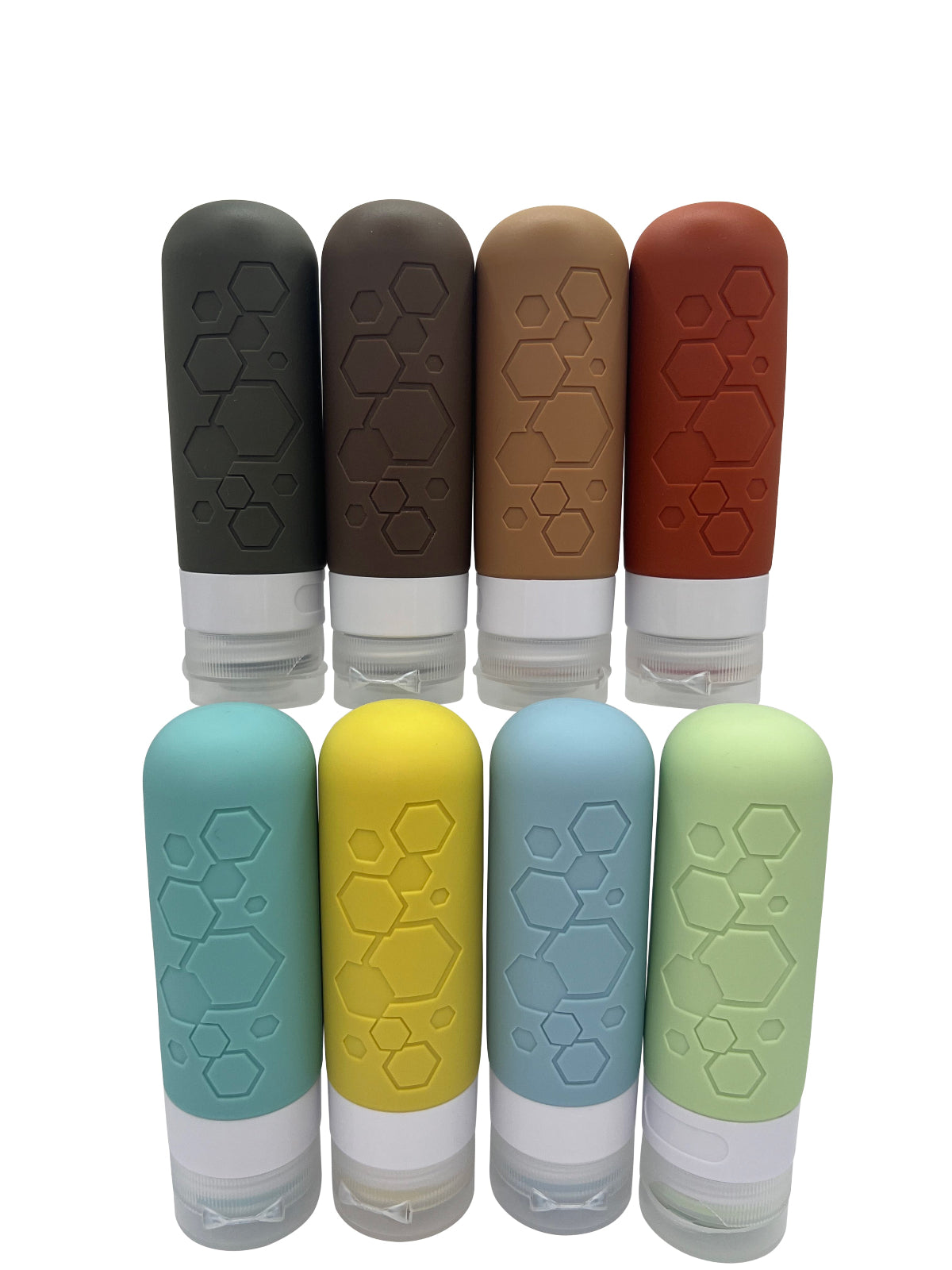 Set of eight lip balm containers in various colors with a honeycomb pattern.